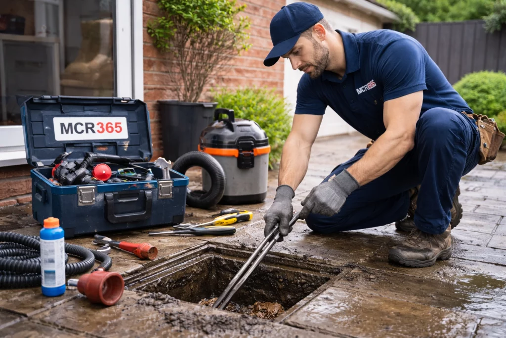 Emergency plumber clearing blocked drain in Manchester property