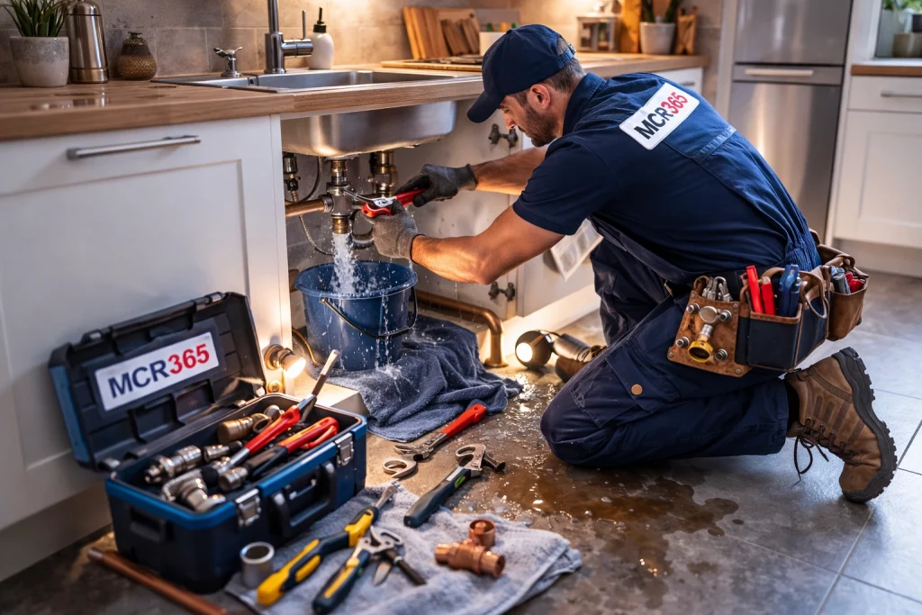 Emergency plumber carrying out burst pipe repair in Manchester property