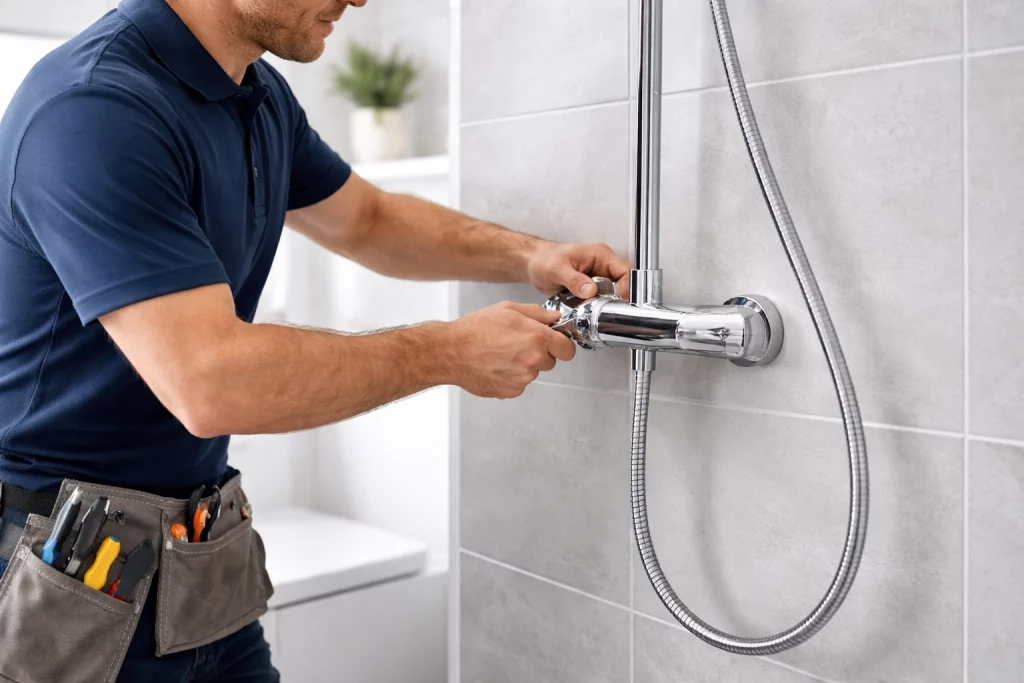 Plumber carrying out mixer shower installation in Manchester bathroom