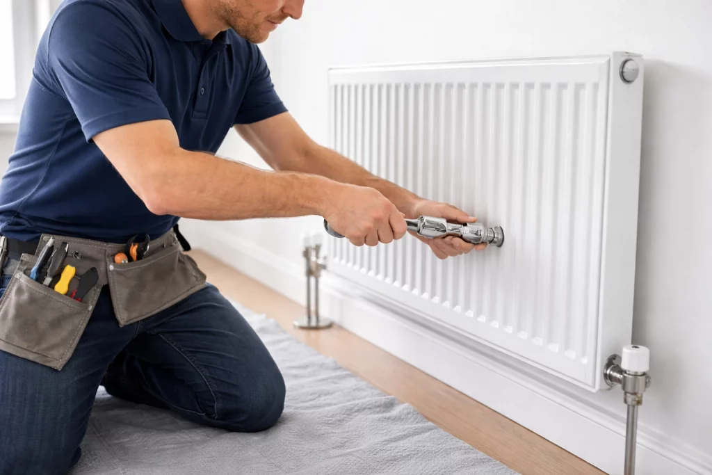 Plumber carrying out radiator installation in Manchester property