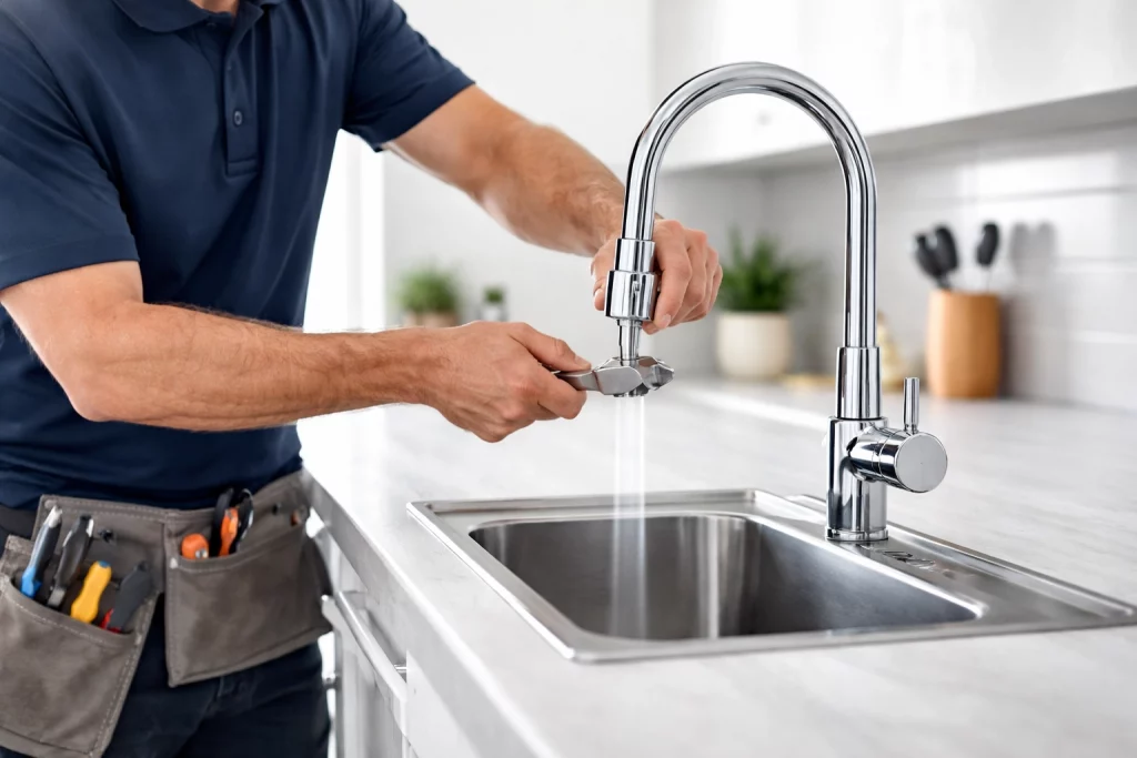 Plumber carrying out tap replacement in Manchester kitchen