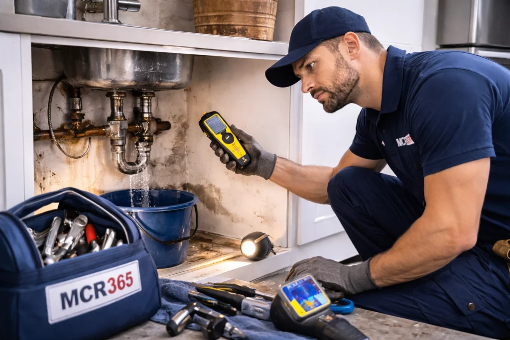 Professional plumber carrying out water leak repair in Manchester home