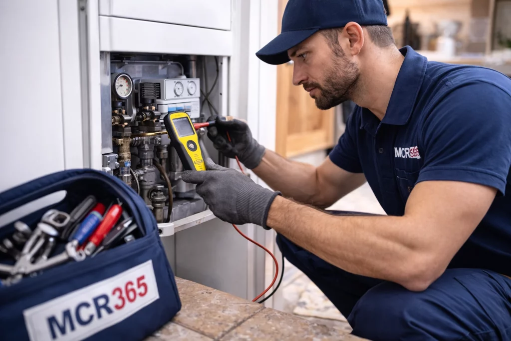 Plumber diagnosing no hot water issue in Manchester home